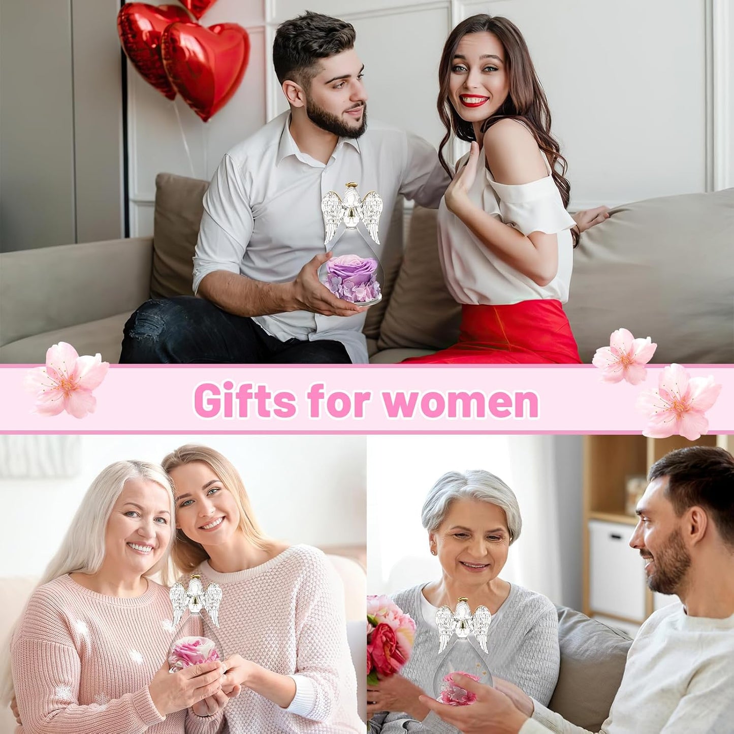 Yamonic Mom Birthday Gifts for Mom, Angel Figurines with Real Rose Gifts for Her Mom Grandma,Preserved Flowers Rose Angel Figurines for Mothers Day Christmas Anniversary Birthday Gifts for Her (Pink)