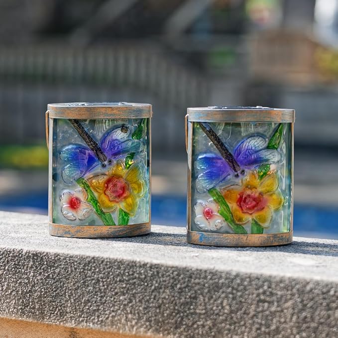 2 Pack Dragonfly Hanging Solar Lanterns Outdoor Waterproof Decorative Glass LED Solar Lantern for Tabletop Garden Patio Decor