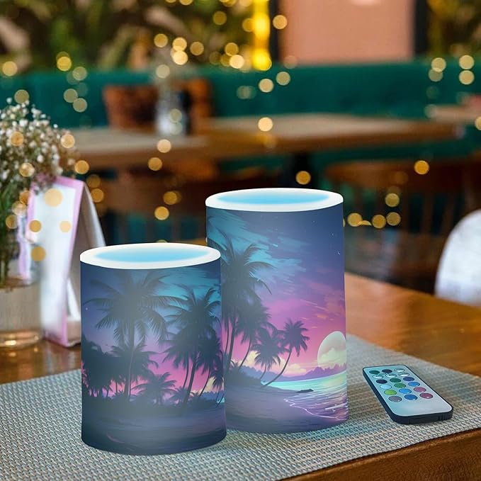 Flickering Flameless Candles, Palm Tree Beach Tropical LED Candles with Remote Timer, Set of 2 Battery Operated Candle for Valentine Wedding Birthday