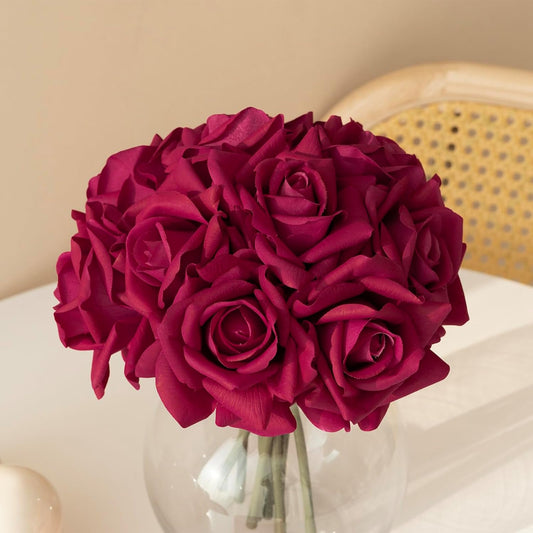 Artificial Roses Single Stem 10pcs Fake Silk Flower Arrangement Bouquet Real Touch for Home Party Wedding Decoration(Rose red)