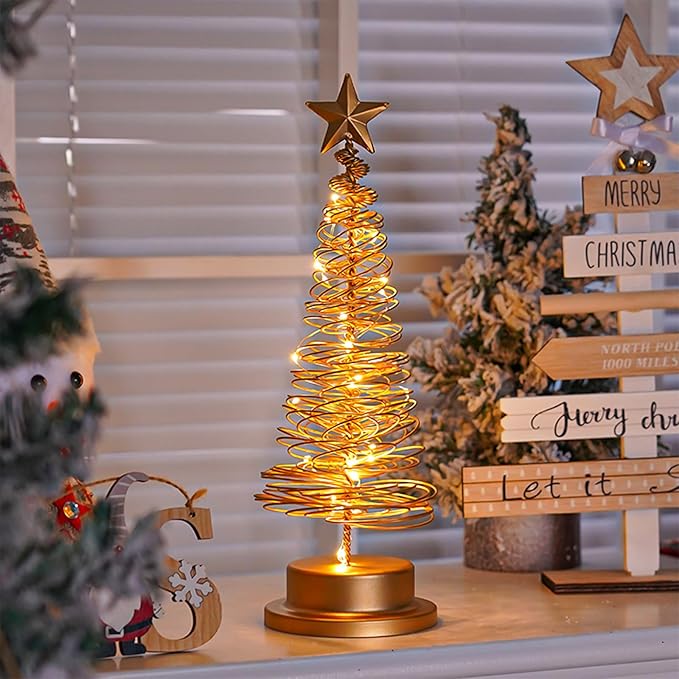 Christmas Tree Lamp, Spiral Christmas Tree with Glittering Star, AA Battery Operated Gold Christmas Tree Light with Metal Stand for Christmas Table Decoration（Batteries not Included）