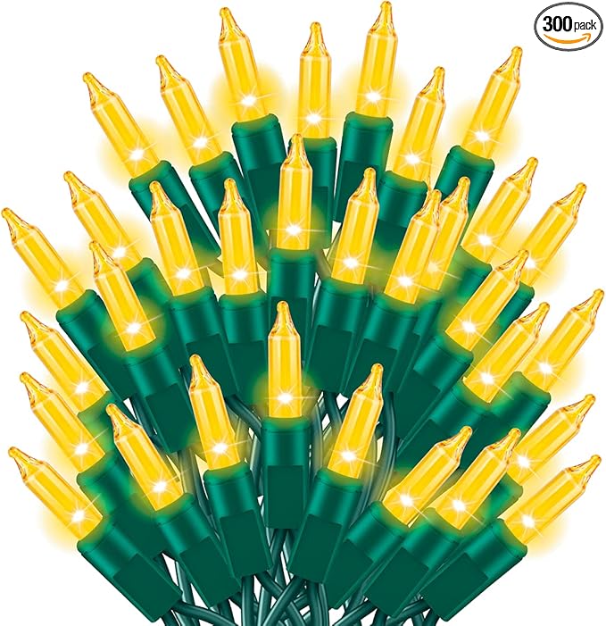 Ultra-Bright Connects End to End Yellow Christmas Mini Lights 300L 63.8Ft(2Sets-Each 150L) UL Listed Incandescent Bulb String Light for Indoor Outdoor Holiday Garden Christmas Tree Decor