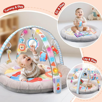 CUTE STONE Baby Gym Play Mat & Tummy Time Mat with Lights, Sounds, and Detachable Toys, Adjustable Volume Activity Gym for Infant Sensory & Motor Development, Newborn Baby Gift