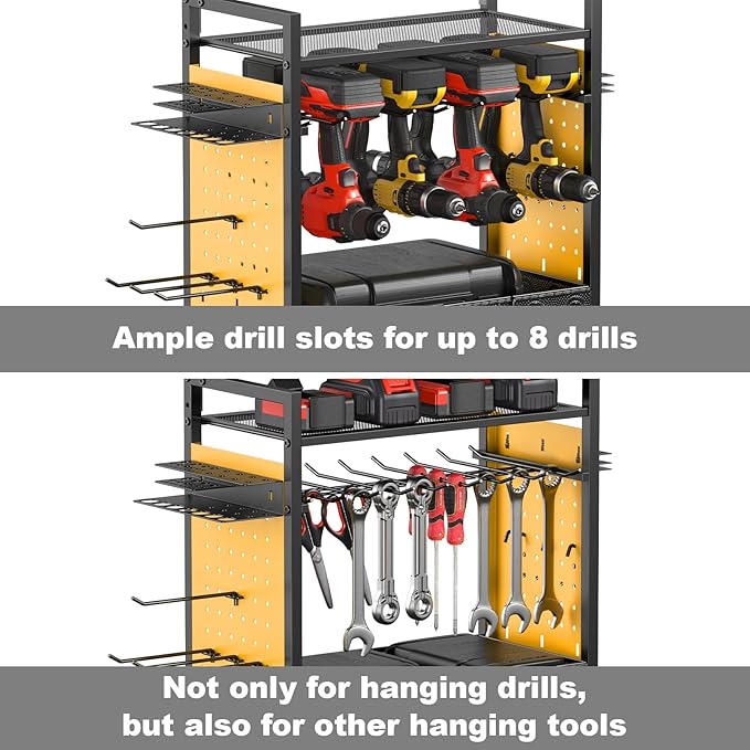 CCCEI Garage Power Tools Organizer Cart with Charging Station, Yellow Floor Standing Rolling Drill and Tools Battery Storage Cart on Wheels. Utility Rack Gift for Men, Husband, Father.