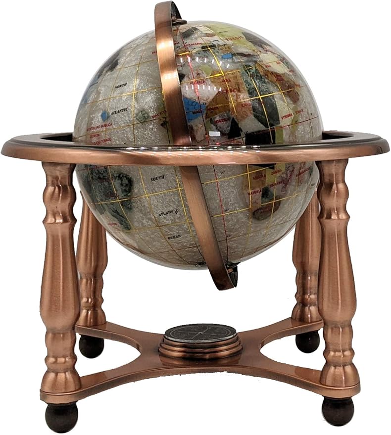 Unique Art 10-Inch Tall Table Top Pearl Swirl Ocean Gemstone World Globe with Copper 4 leg Stand (Pearl/4 Leg Copper)