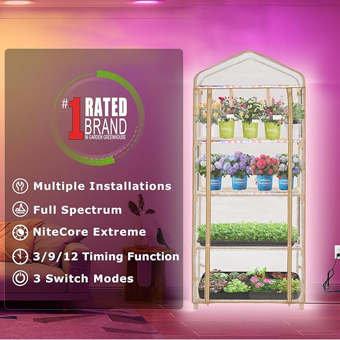 Mini Greenhouse with Grow Light , 4 Tier 27.2" ×19.9" ×61.8" Portable Greenhouse with Zippered for Seed Starting Trays , Dimmable 2ft 60W Plant Light for Indoor Plant with Timer(PLGH704OWPT)
