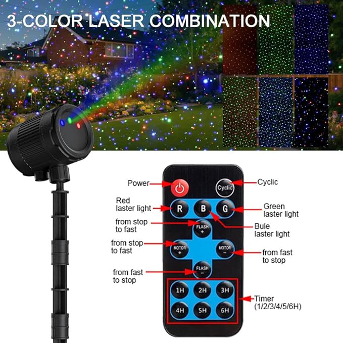 Christmas Projector Lights Outdoor, 3 Color Laser Starry Light Show with RF Remote Control for House Patio Garden Outside Holiday Decoration Indoor Wedding Party Holiday Xmas Gift - Black