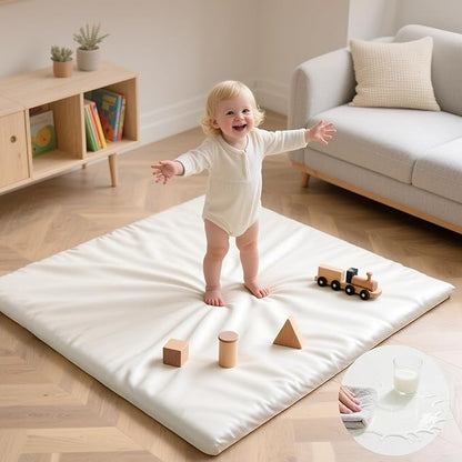 Baby Play Mat 50x50 Inches,1.3" Thick Padded Waterproof Floor Cushion & Playpen Mat with Vegan Leather,Non-Slip & Non-Toxic Nursery Rug for Infants, Toddlers & Kids(Cream)