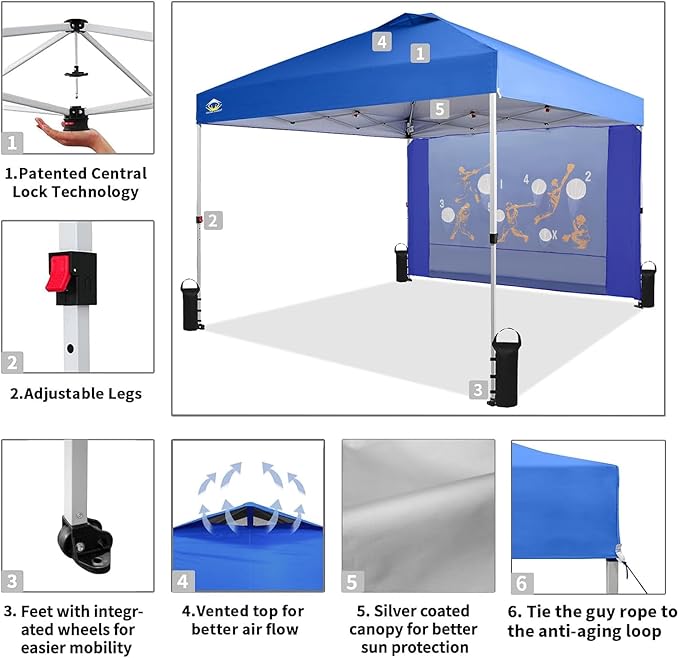 CROWN SHADES 10x10 Pop Up Canopy Tent with Game Netting - Beach Tent with One Push Setup - Outdoor Sun Shade for Events, Parties, Camping with STO-N-Go Cover Bag, Silver Coated Top, Blue
