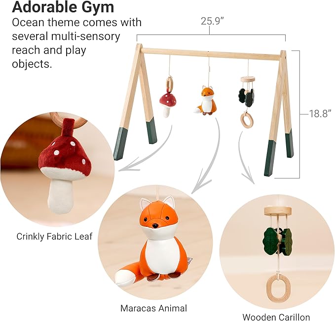 Little Big Friends Wooden Baby Activity Gym – Montessori Play Gym for Babies | Encourages Motor Skills & Sensory Development | Includes Crinkle Fabrics, Wooden Chimes & Hanging Toys – Forest