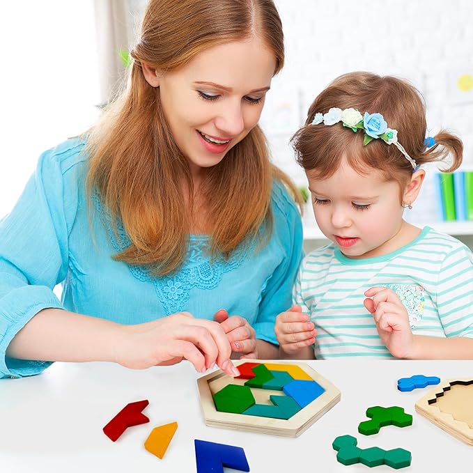 6 PCS Wooden Tangrams Puzzles for Kids, Wooden Hexagon Toddlers Puzzles Block Geometric Brain Teaser Wood Puzzle Tangram Logic IQ Toy Gifts for All Ages Boys Girls Adults Intelligence