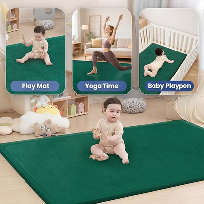 Baby Play Mat for Floor,1.3" Thick Elasti-Foam 74×50 Play Mat for Toddlers Infant Kids,Water-Repellent Soft Coral Velvet for Tummy Time, Non-Slip Backing for Crawling,Tatami Style(Dark Green)