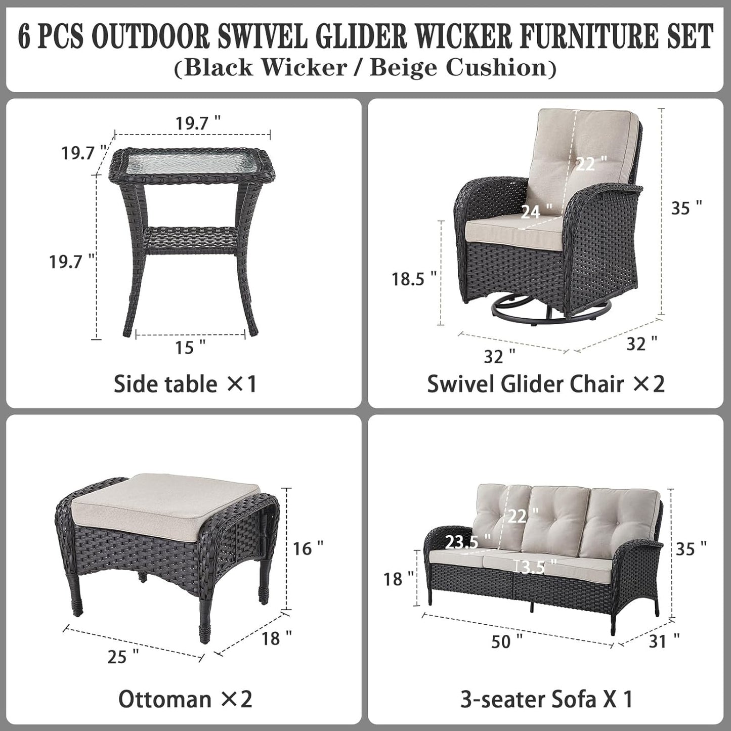 6 Pieces Wicker Patio Furniture Set - Swivel Rocker Outdoor Chairs with Outdoor Couch and Side Table, All-Weather Patio Conversation Set for Sunroom Deck Backyard Black