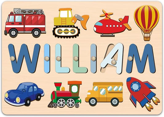 Name Puzzle for Kids Personalized, 1st Birthday Girl and Boy,Custom Baby Easter Gifts with Engraved Text on Back, Montessori Learning Toys for Boy & Girl (Blue Gradient)