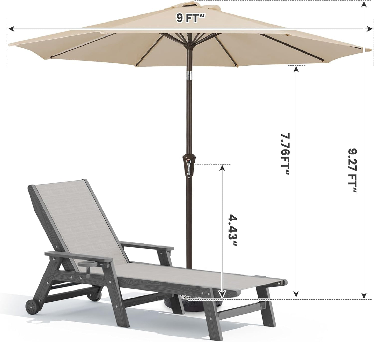 SERWALL Textilene Patio Chaise Lounge Chair Set of 2 with 9FT Patio Umbrella, 5 Positions Outdoor Lounger with Rolling Wheels for Pool, Deck, Grey (Umbrella Base not Included)