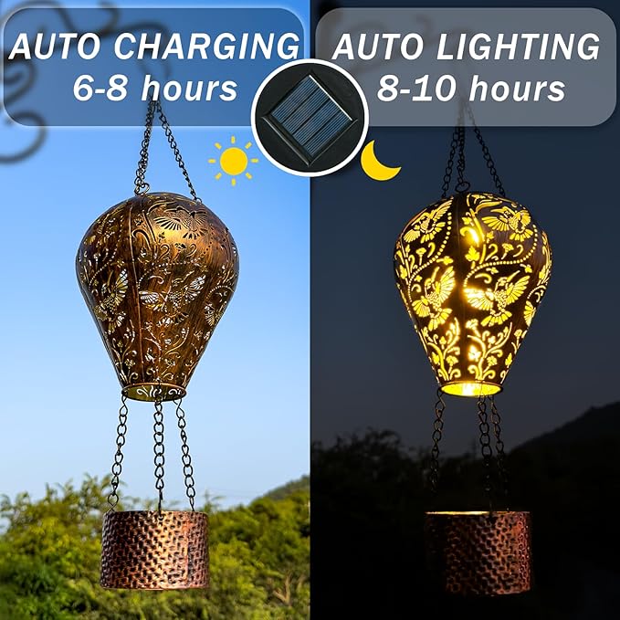 2-Pack Hummingbird Decor Hot Air Balloon Solar Lantern – Outside Decorative Hanging Light for Garden Yard Patio Porch Lawn and Pathway – Unique Housewarming, Birthday Gift for Women Mom Grandma