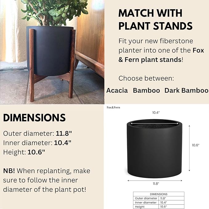 Fox & Fern Large 12 Inch Black Plant Pot — Premium Lightweight Fiberstone Matte Black Planter w Drainage Plug; Large Indoor & Outdoor Planter; 12 Inch Pots for Plants; Weather Resistant & UV Resistant