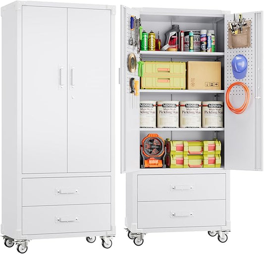 Upgraded Metal Garage Storage Cabinet with Wheels and 2 Drawers, Rolling Tool Cabinet with 3 Shelves and Pegboard Behind The Door for Home Office Garage,Assembly Required,White