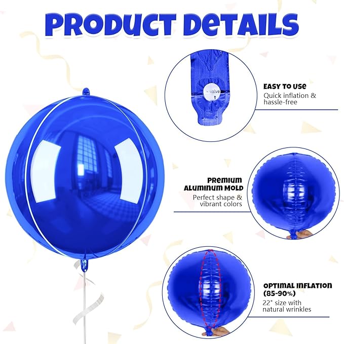 Giant 4D Foil Balloons, 6Pcs Large Metallic Royal Blue Round Balloons, 22 Inch Big Round Foil Balloon for Blue Sea Birthday Party Baby Shower Wedding Decorations