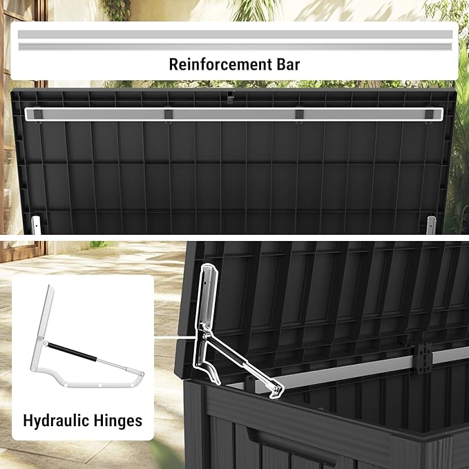 Mars Villa 150 Gallon Outdoor Storage Box Waterproof, Large Resin Deck Box for Outdoor Patio Furniture Cushions, Pool Supplies, Garden Tools, with Hydraulic Hinge, UV-Resistant and Weatherproof, Black