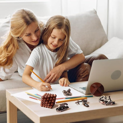 7 Pieces Unlock Interlock Brain Teaser Games Retro Wooden and Metal Puzzles IQ Logic Fun Puzzle Box