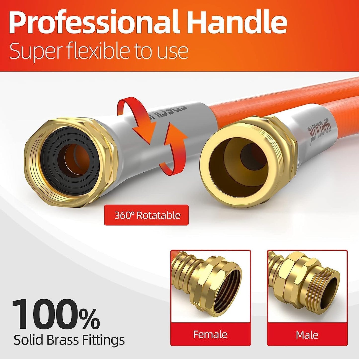 Garden Water Hose 15 ft x 5/8 in, Heavy Duty Leader Pipe Extension, Flexible, Lightweight Kink-less,Hybrid Rubber, with 3/4" Brass Fittings, Orange