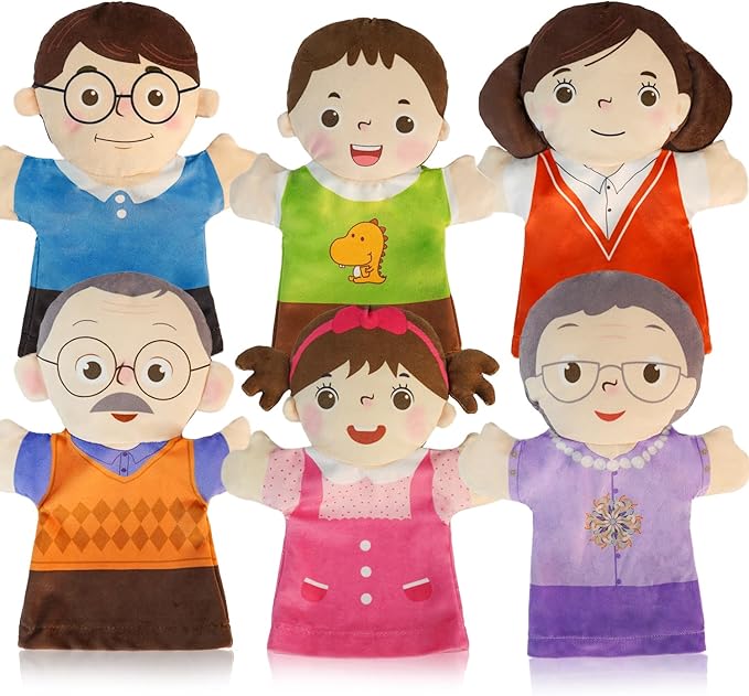 6 Pcs Family Hand Puppets for Kids 9.8 Inch Family Members Puppet Set Mom, Dad, Grandparents, Boy, Girl Soft Plush Hand Puppet Theater Plush Gift Toys for Toddlers Ages 1-3, 4-8 Story Role Play