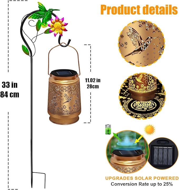 TEDOF Solar Lanterns Outdoor Waterproof Hummingbird Sunflower Lantern with Sheep Hook, Garden Decor Gifts for Mom Woman Grandma,Solar Lanterns Outdoor Decor for Garden, Yard, Backyard, Porch