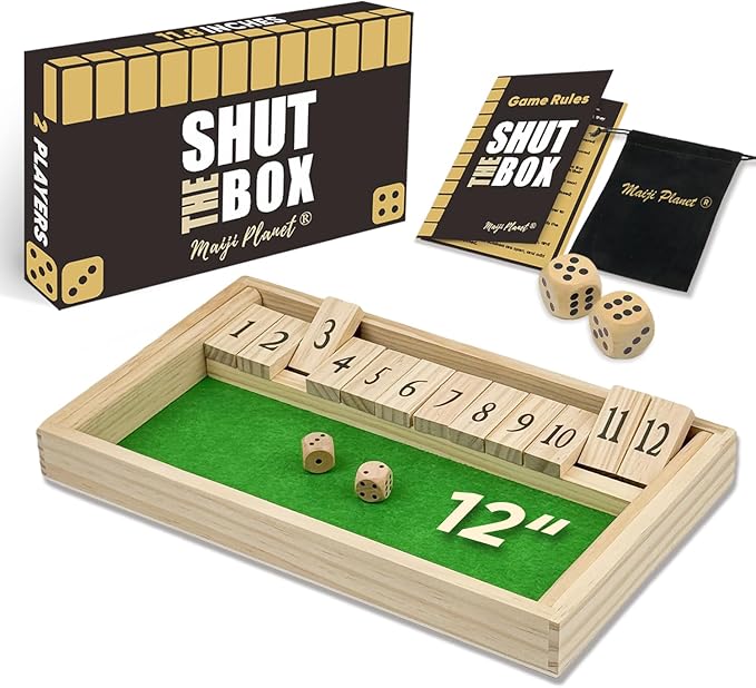 Original 12 Numbers Shut The Box Game, Math Dice Board Game for Family Night, Camp, Wooden Classic Tabletop Gift for Group Kid Adult Senior, Travel Party Bar, Easy Quick and Fun, Portable Style