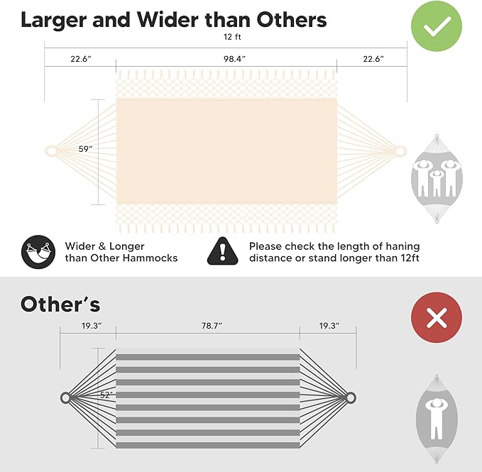 SUNCREAT Portable Camping Hammock for Outside, Heavy Duty 2 Person Hammock Bed for Tree, Beige with Tassels