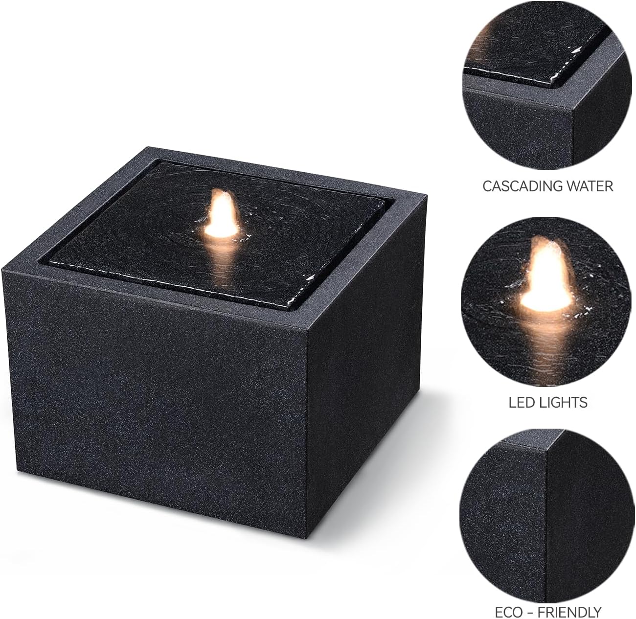 12.79” H Outdoor Water Fountain Made with Eco-Friendly Recyclable Materials, Polyethylene Square Bubbler Outdoor Fountain, Garden Decor with LED Light for Patio, Porch, Backyard