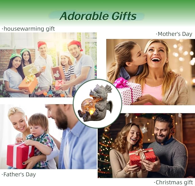 Solar Powered Dragon LED Light Garden Statue Outdoor Decorative Sculpture with Crackle Glass Ball Waterproof Yard Art Decor for Patio Lawn