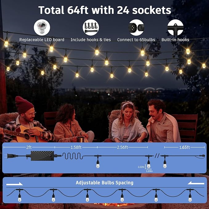 XMCOSY+ Smart Outdoor String Lights - 64ft RGBCWIC Patio Lights with 24 Color Changing Bulbs, LED String Light for Outside Backyard Bistro Party, APP WiFi Control, Work with Alexa, IP65 Waterproof