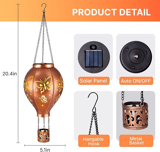 Hot Air Balloon Solar Lights Butterfly Hollowed Metal Hanging LED Solar Lanterns Outdoor Waterproof Light for Garden Patio Yard Porch Christmas Decor Gifts for Women Mom Friends