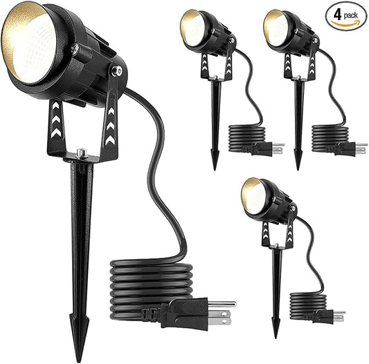 Outdoor LED Warm White Spot Lights, 3000K Landscape SpotLights, 12W IP65 Waterproof Garden Lights, Metal Case COB Lighting with Spiked Stand for Lawn Decorative Lamp US 3- Plug (4 Pack)