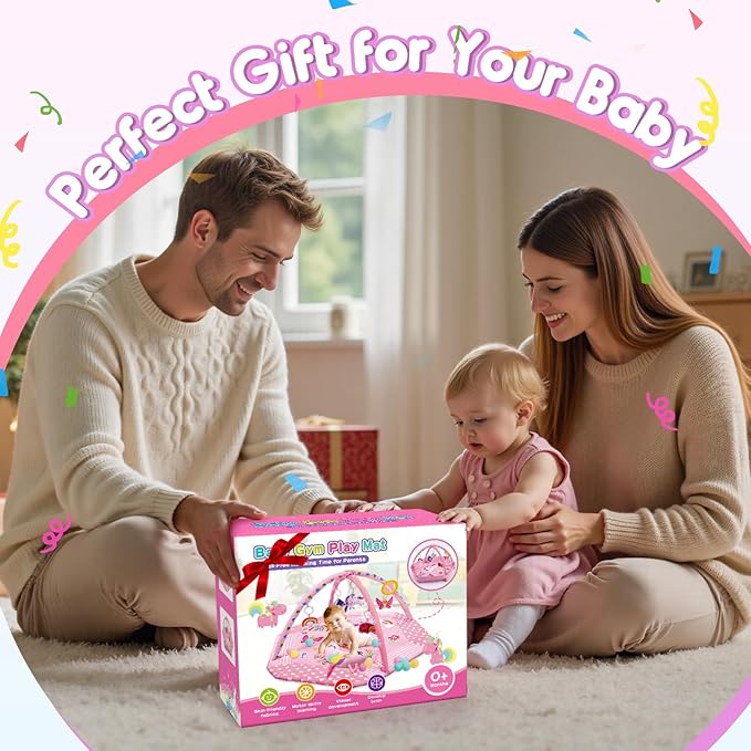 Unicorn Baby Gym Play Mat, 9-in-1 Tummy Time Mat with 7 Baby Toys, Washable Baby Activity Mat for Visual, Sensory, Motor Development, Newborn Baby Toys Gift for Toddler 0-3-4-6-9-12 Months