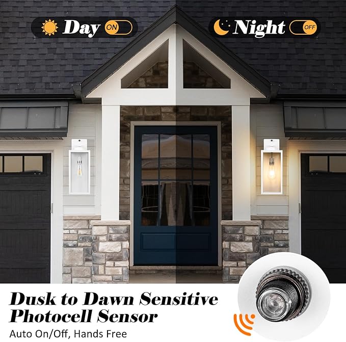 16-inch White Dusk to Dawn Outdoor Wall Light Fixtures, Exterior Waterproof Wall Lanterns, Large Porch Sconces Lighting, Modern Outside Lights for House Patio Front Door Entryway, 2-Packs