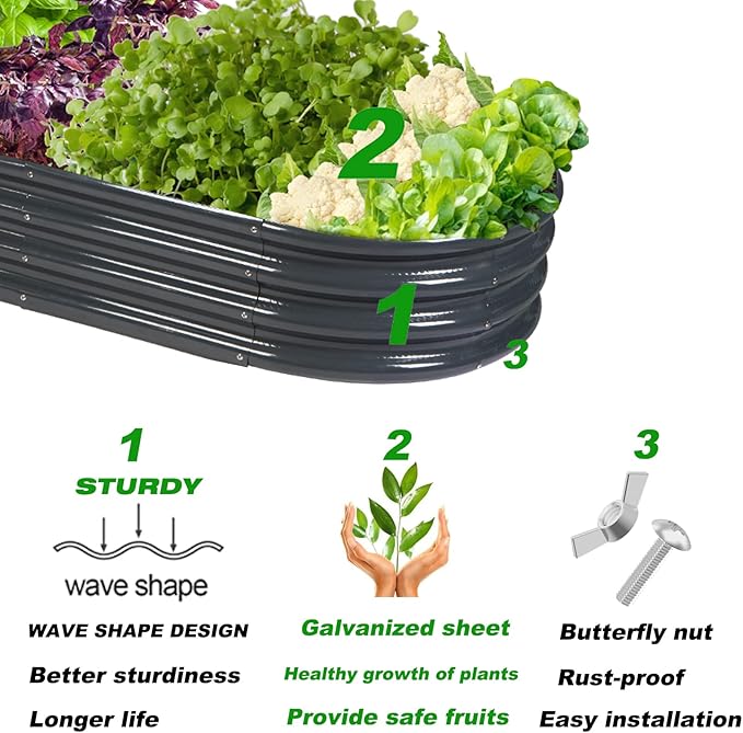 Raised Garden Bed Galvanized Planter Box Outdoor, Rot-Resistant Metal Garden Bed Planter for Vegetables Flower Herb (3- Grey)