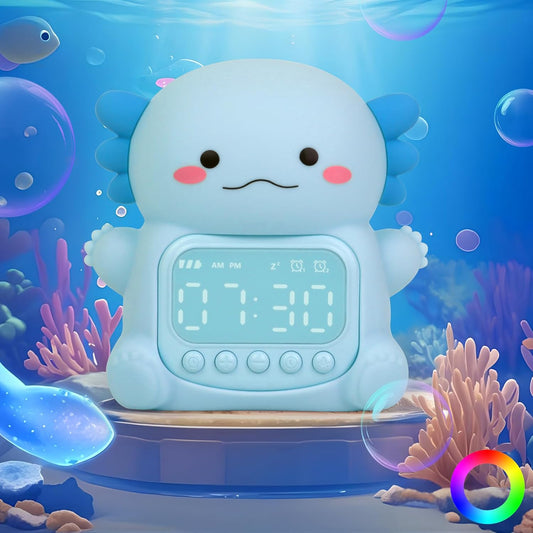 Axolotl Alarm Clock with Night Light for Kids, Rechargeable Silicone Lamp Time to Wake Clock Cute Animal Tabletop Lamp, Perfect Sleep Companion for Boys Girls, Blue
