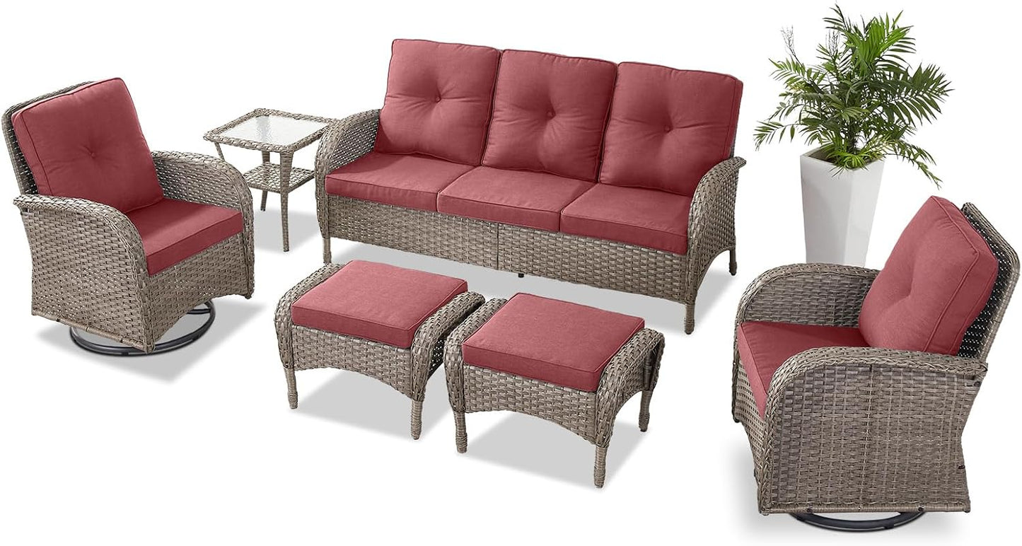 6 Pieces Wicker Patio Furniture Set - Swivel Rocker Outdoor Chairs with Outdoor Couch and Side Table, All-Weather Patio Conversation Set for Sunroom Backyard Deck