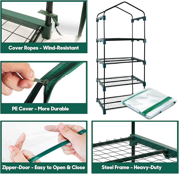 KOL 4-Tier Mini Greenhouse - PVC Clear Cover & Steel Frame - Portable Small Green House for Indoor & Outdoor Use - Grow Plants, Seedlings, Herbs