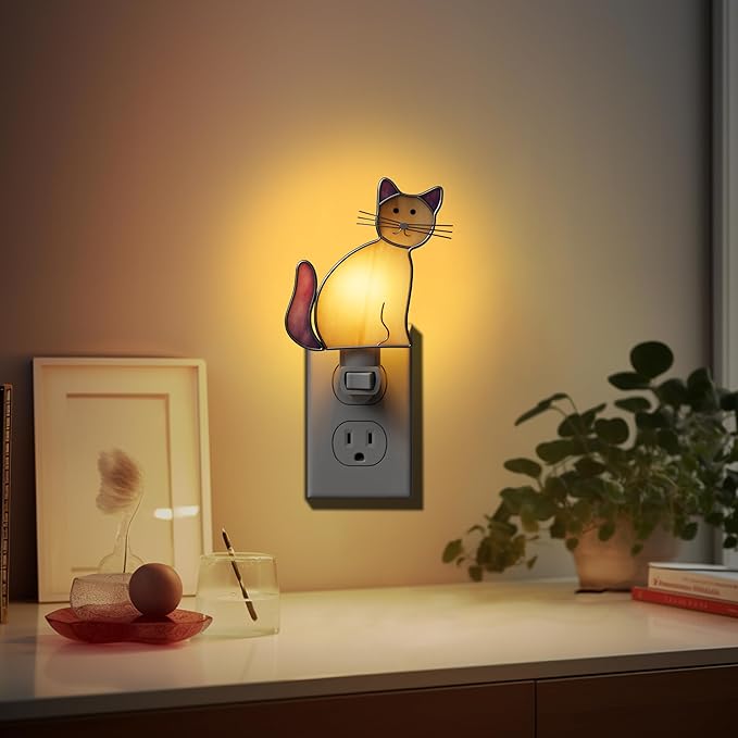 KY&BOSAM Cat Night Light Stained Glass Yellow Plug in Nightlight Decorative Wall Night Lights 7 Watt Bulb Accent Lite Night Memorial Gifts Pet Lost Sympathy Thoughtful Dogs and Cats Remembrance Decor