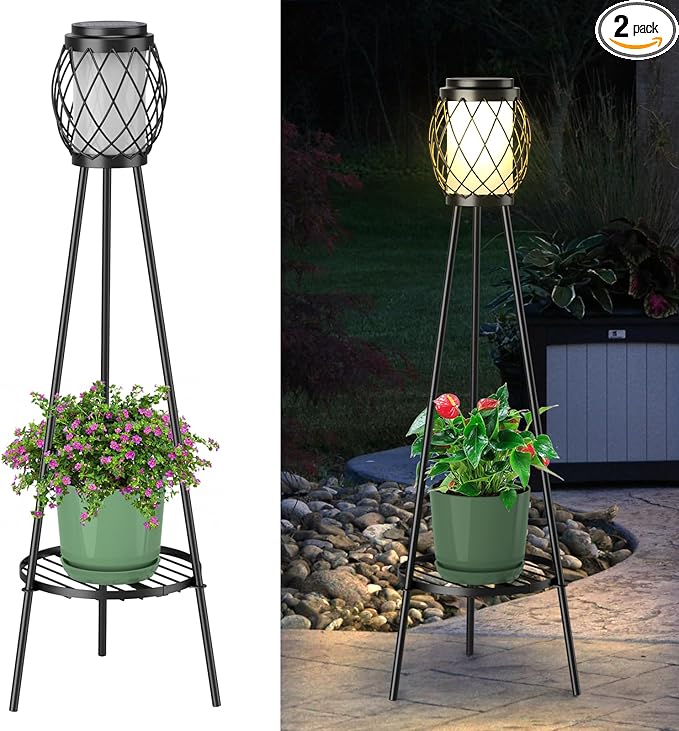 Solar Lights Outdoor with Plant Stands 2 Pack, Solar Floor Lamp Metal Tripod Patio Lights for Garden Yard Pathway Driveway Front/Back Porch Decoration
