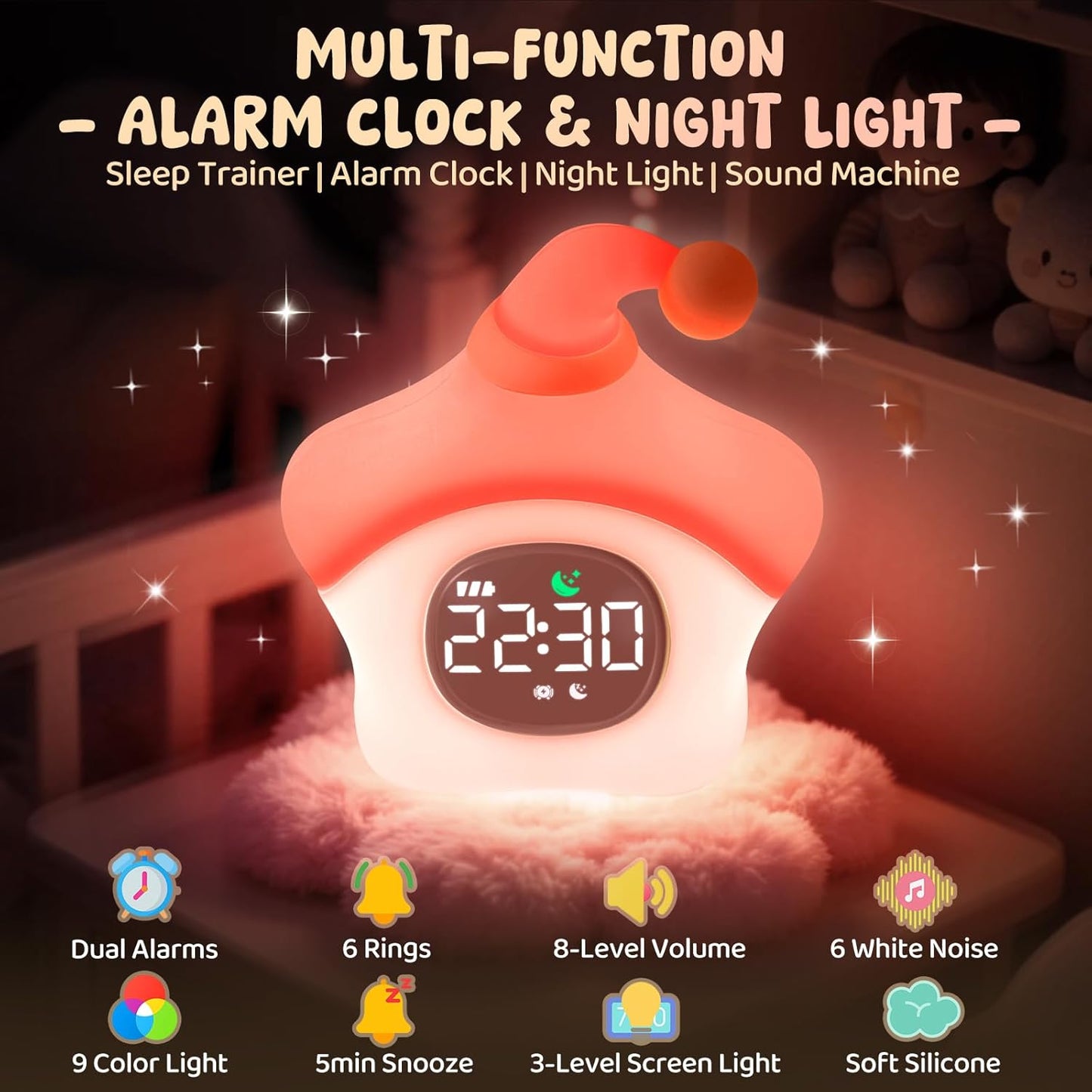 Star Alarm Clock with Night Light for Kids with Sleep Training and Sound Machine, Rechargeable Silicone Lamp OK to Wake Clock，Cute Animal Tabletop Lamp, Perfect Sleep Companion for Boys Girls, Pink
