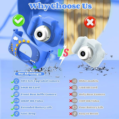 Kids Camera Toys for 3-8 Year Old Girls Boys, 48MP Dual Lens 1080P Toddler Camera for Kids with 64GB SD Card, Kids Digital Video Camcorder Selfie Camera Christmas Birthday Gifts