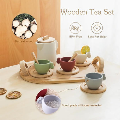 Wooden Tea Party Set for Little Girls 14pcs Toddler Tea Set with Silicone Teapot Cups Carrying Tray Scoop Kids Kitchen Accessories Pretend Play Wooden Toys for 3 4 5 6 Year Old Girl Birthday Gift