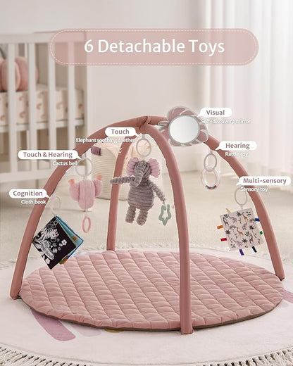 Blissful Diary Baby Play Gym Mat, Tummy Time Activity Mat with 6 Detachable Toys for Skill Development, Baby Essentials Gift, Soft Pink
