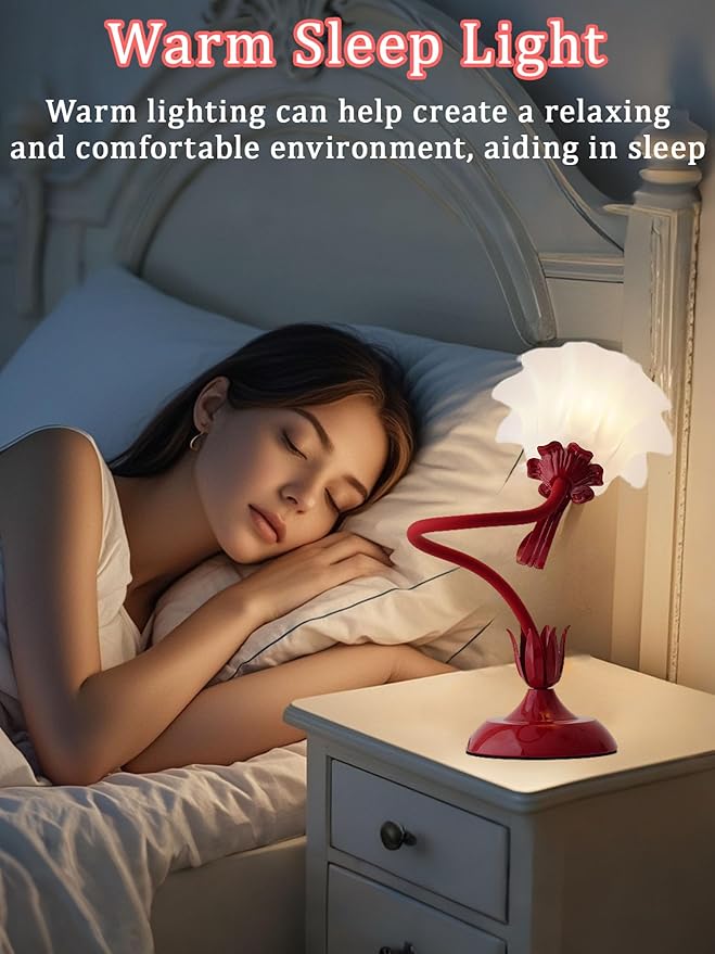 Flower Table Lamp,LED Reading Light Bedside Vintage Flower Night Light,3 Colors Modes Kawaii Bedside Lamps Decor,Living Room Bedroom Room Lighting Table Lamps Home Decoration (Red)