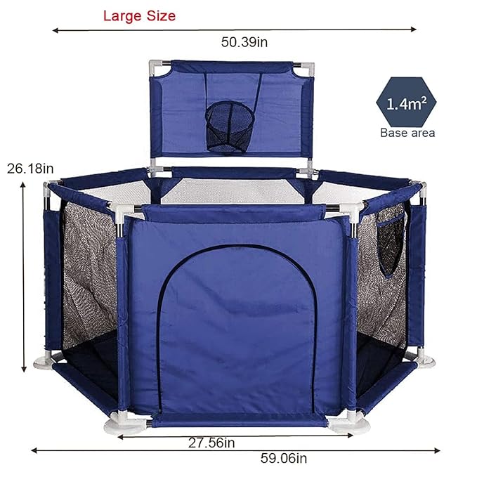 Portable Baby Ball Pit Playpen Playard Fence Playtent with Basketball Hoop Breathable Mesh for Indoors Outdoors Toddler Kids Large Blue 6-Panel