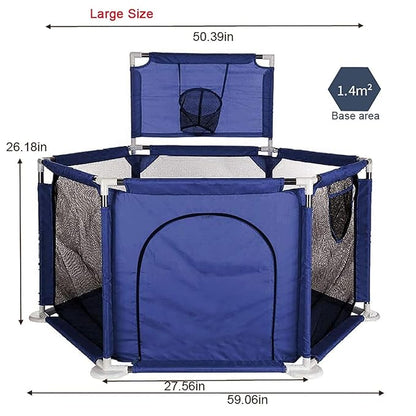 Portable Baby Ball Pit Playpen Playard Fence Playtent with Basketball Hoop Breathable Mesh for Indoors Outdoors Toddler Kids Large Blue 6-Panel